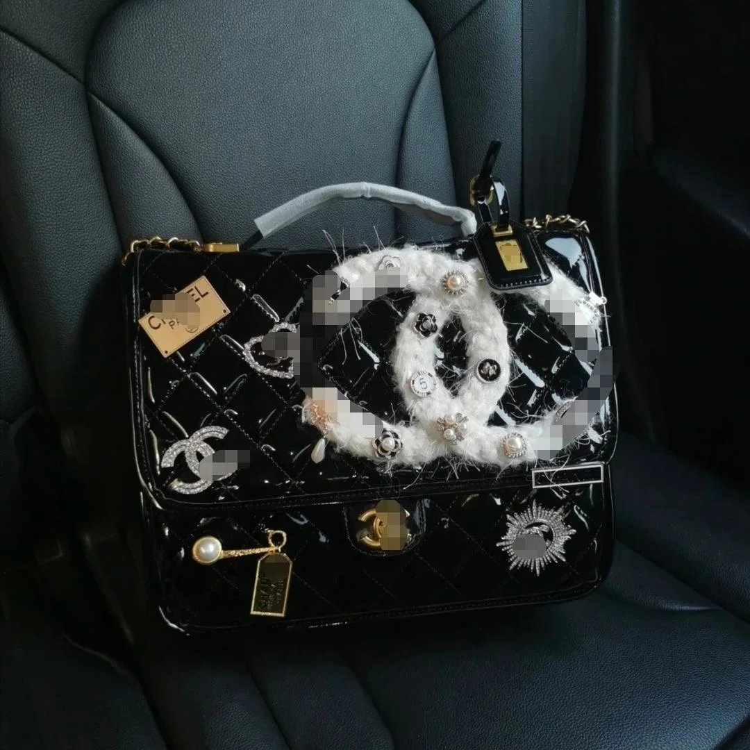 Chanel Flap Bag with Top Handle Quilted Patent Leather Handbag Black