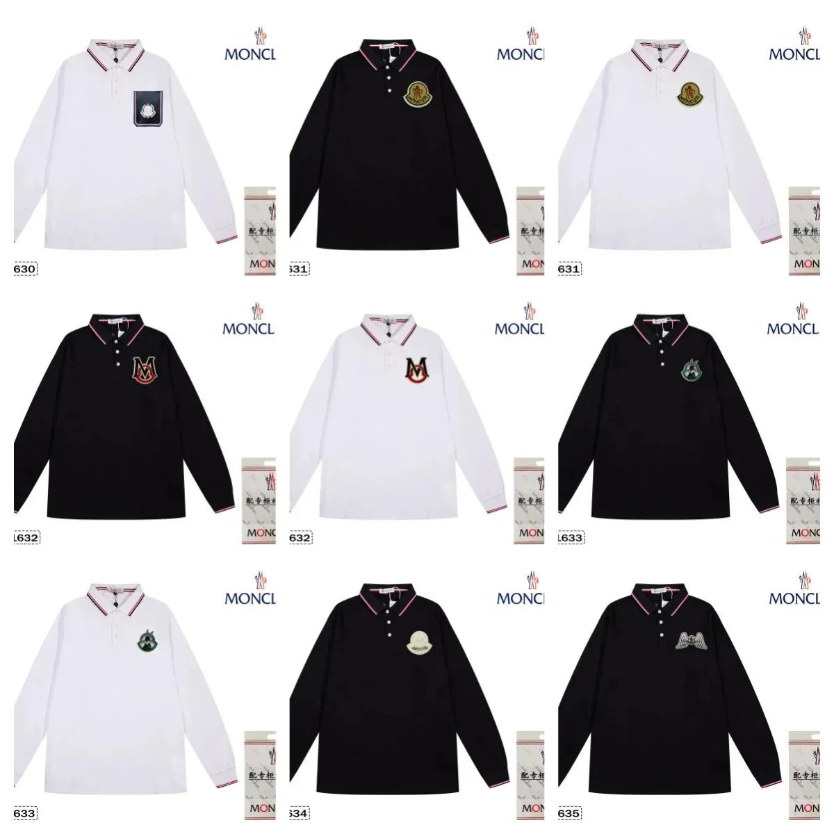Moncler Long Sleeve Polo Shirt Cotton Casual Top Black and White