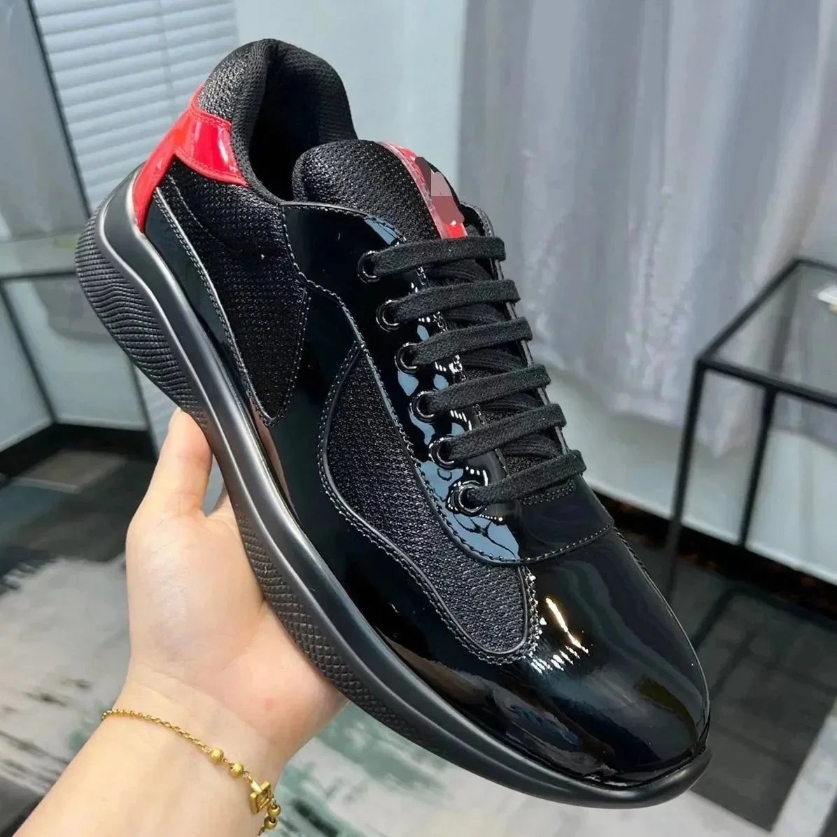 Prada Patent Leather Low Top Sneakers Black and Red