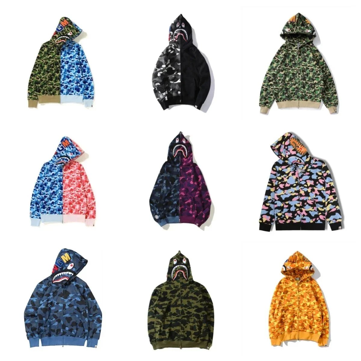 A Bathing Ape BAPE Shark Full Zip Hoodie Camo Streetwear Multicolor