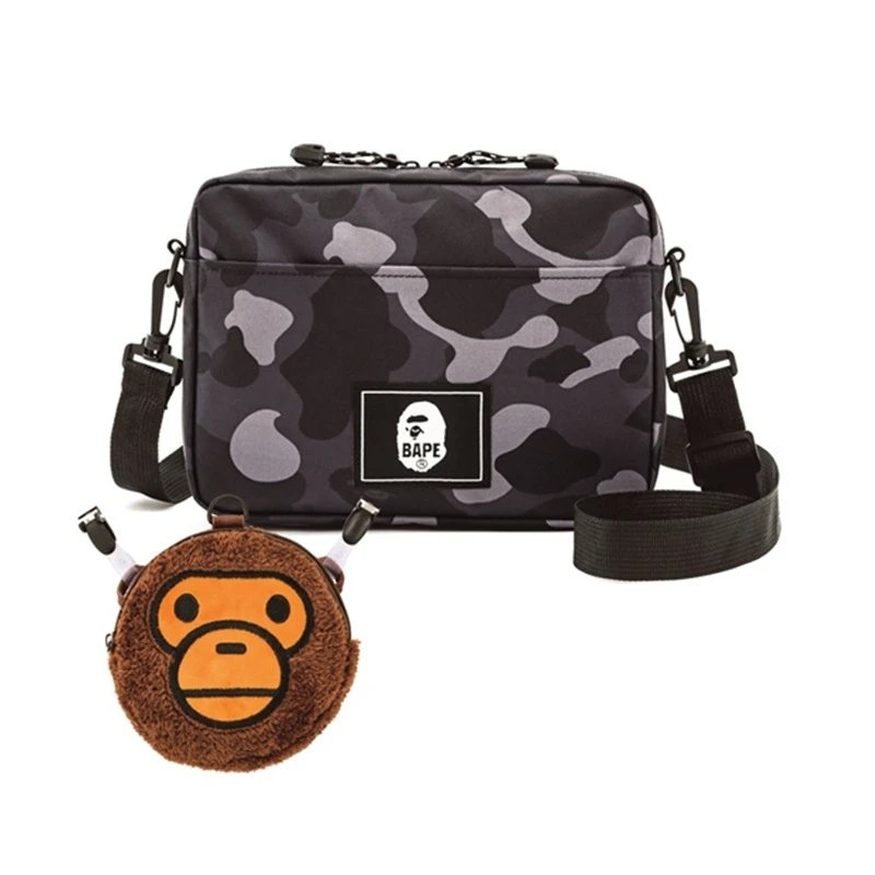 A Bathing Ape BAPE Camo Streetwear Shoulder Bag with Plush Pouch Black