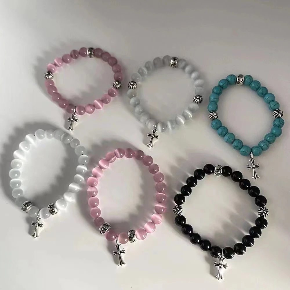 Chrome Hearts Bead Bracelet Gemstone Cross Charm Accessories Multicolor