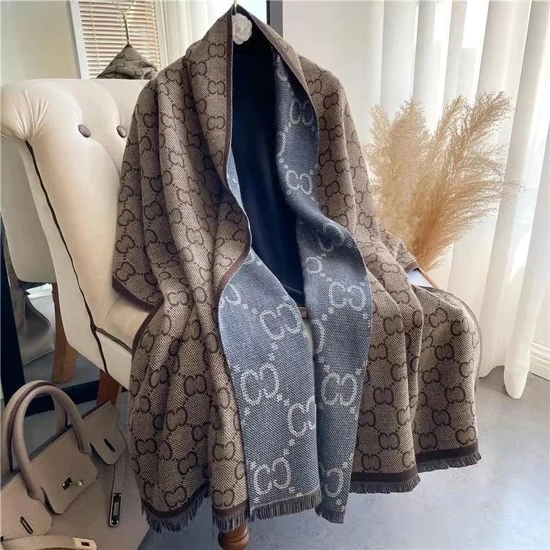 Gucci GG Monogram Reversible Wool Scarf Brown and Gray