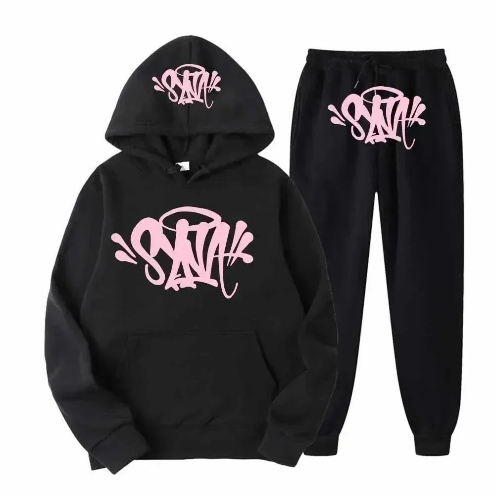 Design Graffiti Print Streetwear Tracksuit Set Black and Pink