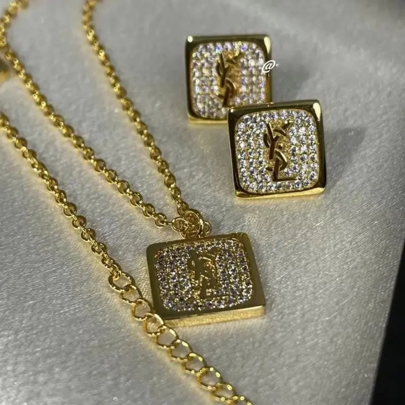 Yves Saint Laurent YSL Square Crystal Jewelry Set Necklace and Earrings Gold