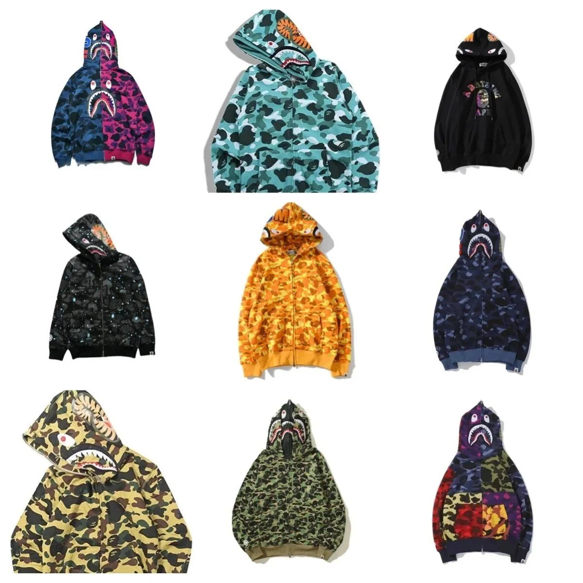 A Bathing Ape BAPE Shark Full Zip Camo Streetwear Hoodie Multicolor