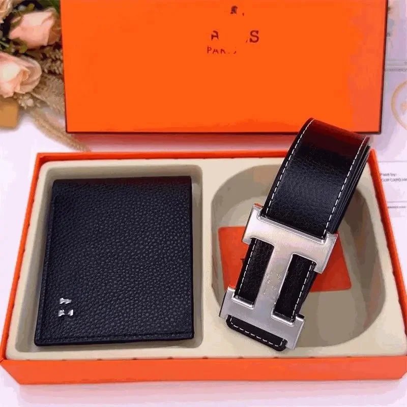 Hermes H Belt and Card Holder Classic Leather Gift Set Black