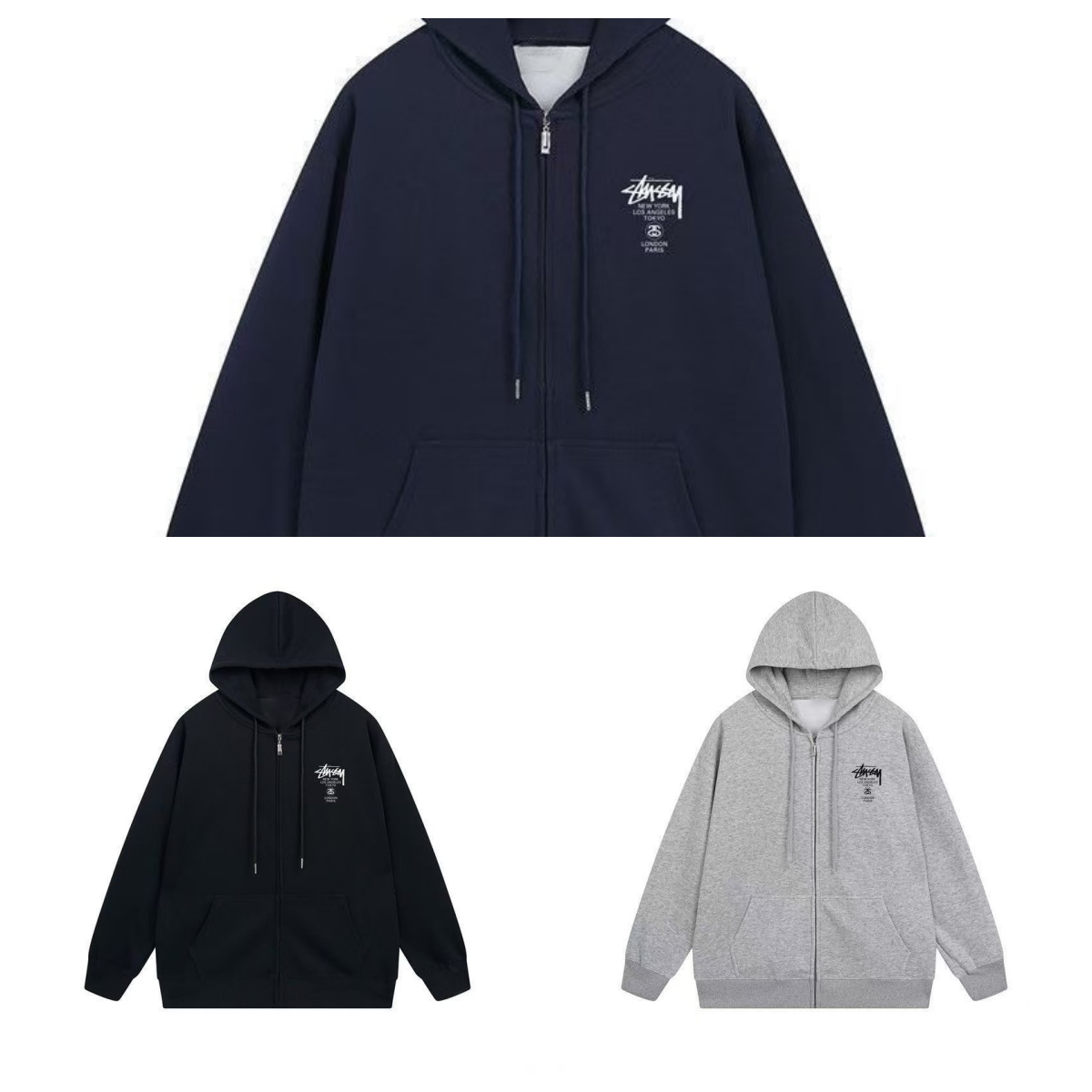 Stussy World Tour Zip-Up Streetwear Hoodie Black Navy and Gray