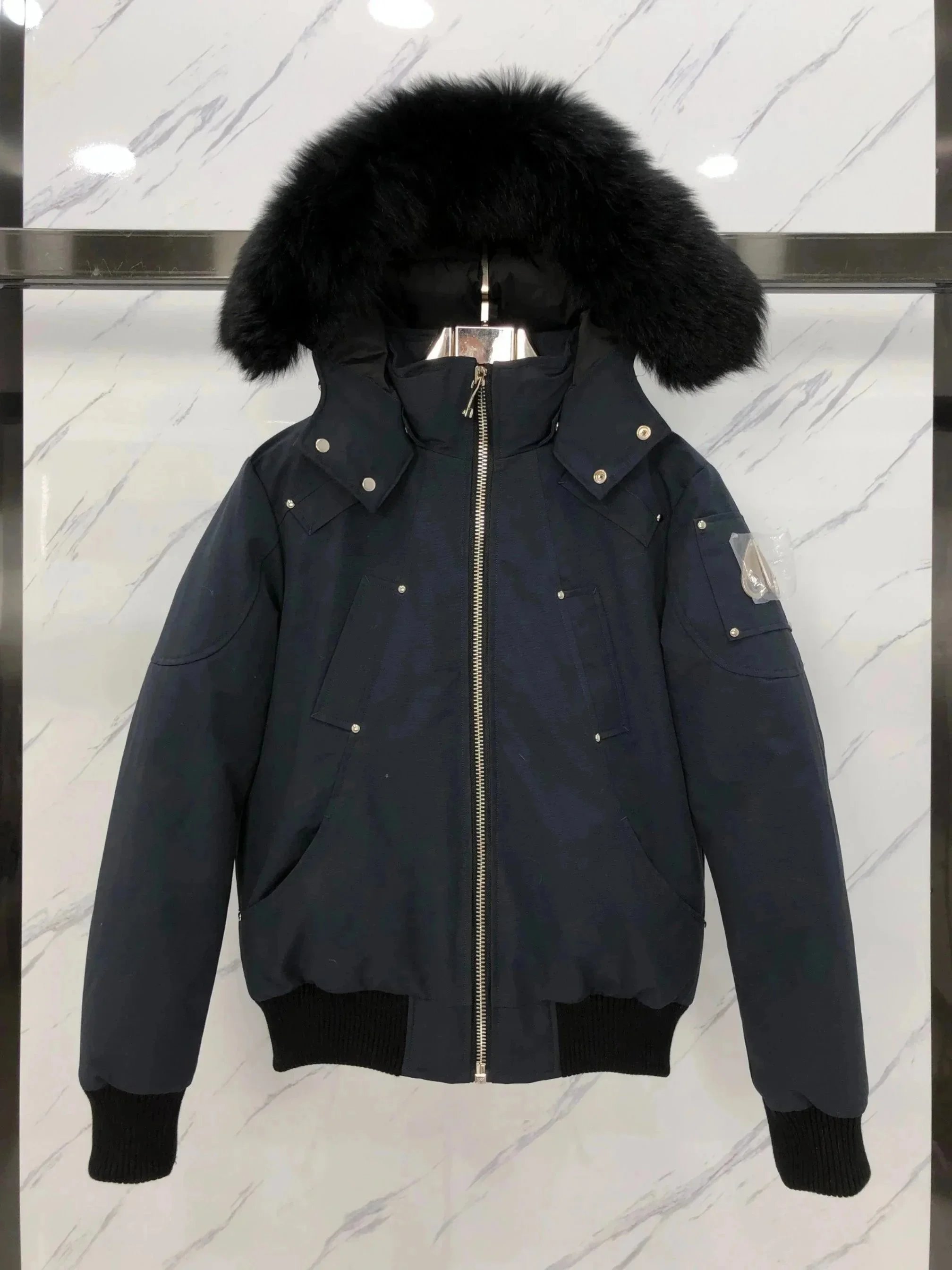 Moose Knuckles Stirling Bomber Fur Hooded Puffer Jacket Navy