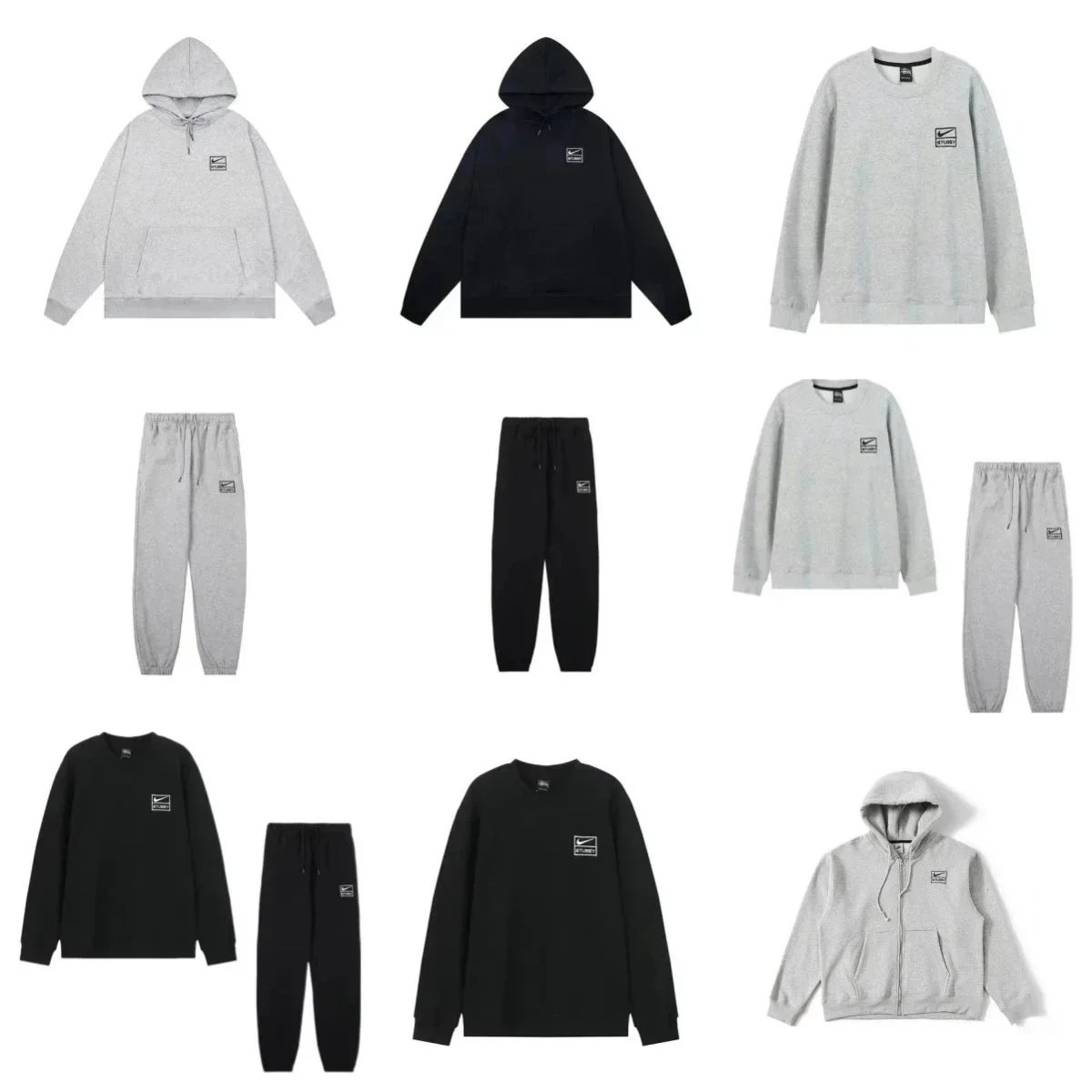 Nike x Stussy Collaborative Fleece Streetwear Matching Set Black and Gray