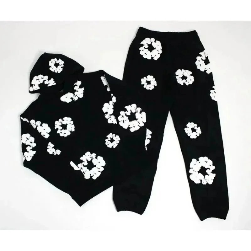 Design Floral Print Matching Set Hoodie and Joggers Black