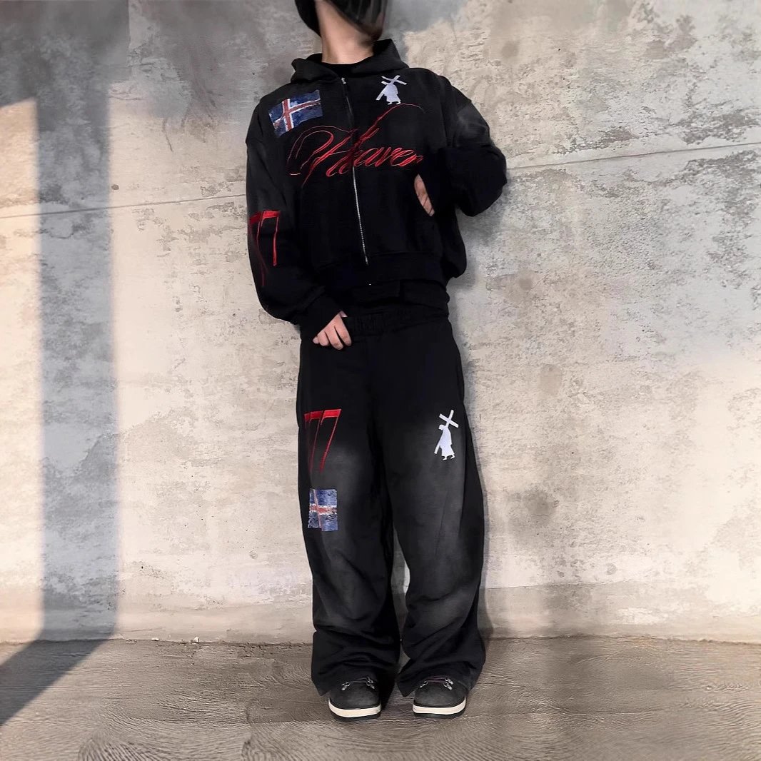 Design Graphic Print Streetwear Tracksuit Set Black