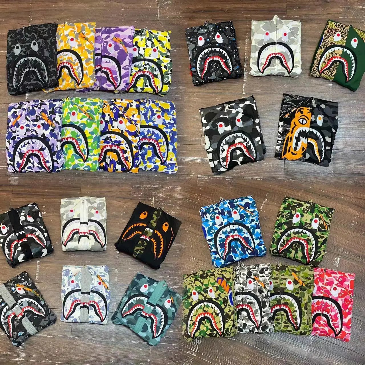 A Bathing Ape BAPE Shark Full Zip Hoodie Camo Streetwear Sweatshirt Multicolor