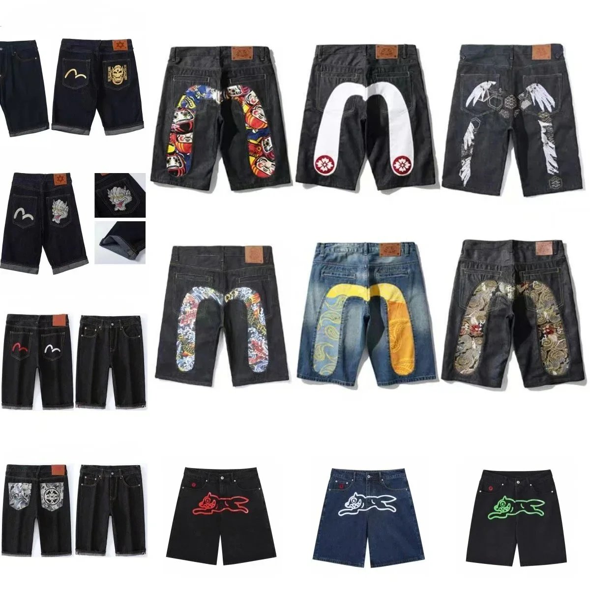 Evisu Denim Shorts Graphic Streetwear Casual Blue and Black