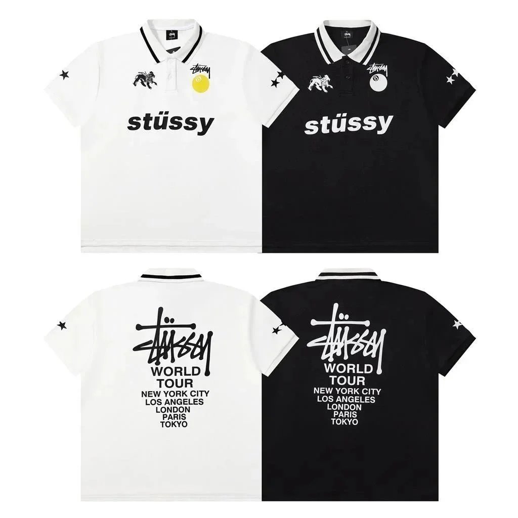 Stussy World Tour Graphic Streetwear Polo Shirt Black and White