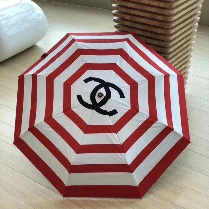 Chanel Stripe Print Classic Umbrella Red and White
