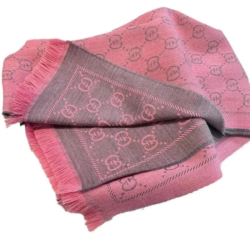 Gucci GG Monogram Reversible Wool Scarf Pink and Gray
