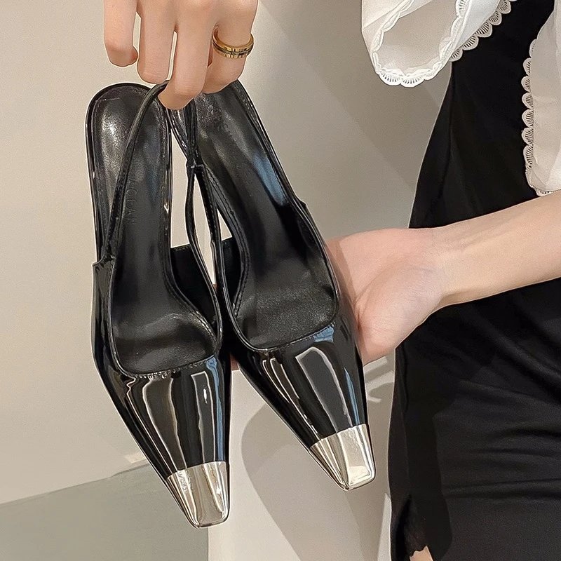Design Pointed Toe Slingback Heels Patent Leather Black