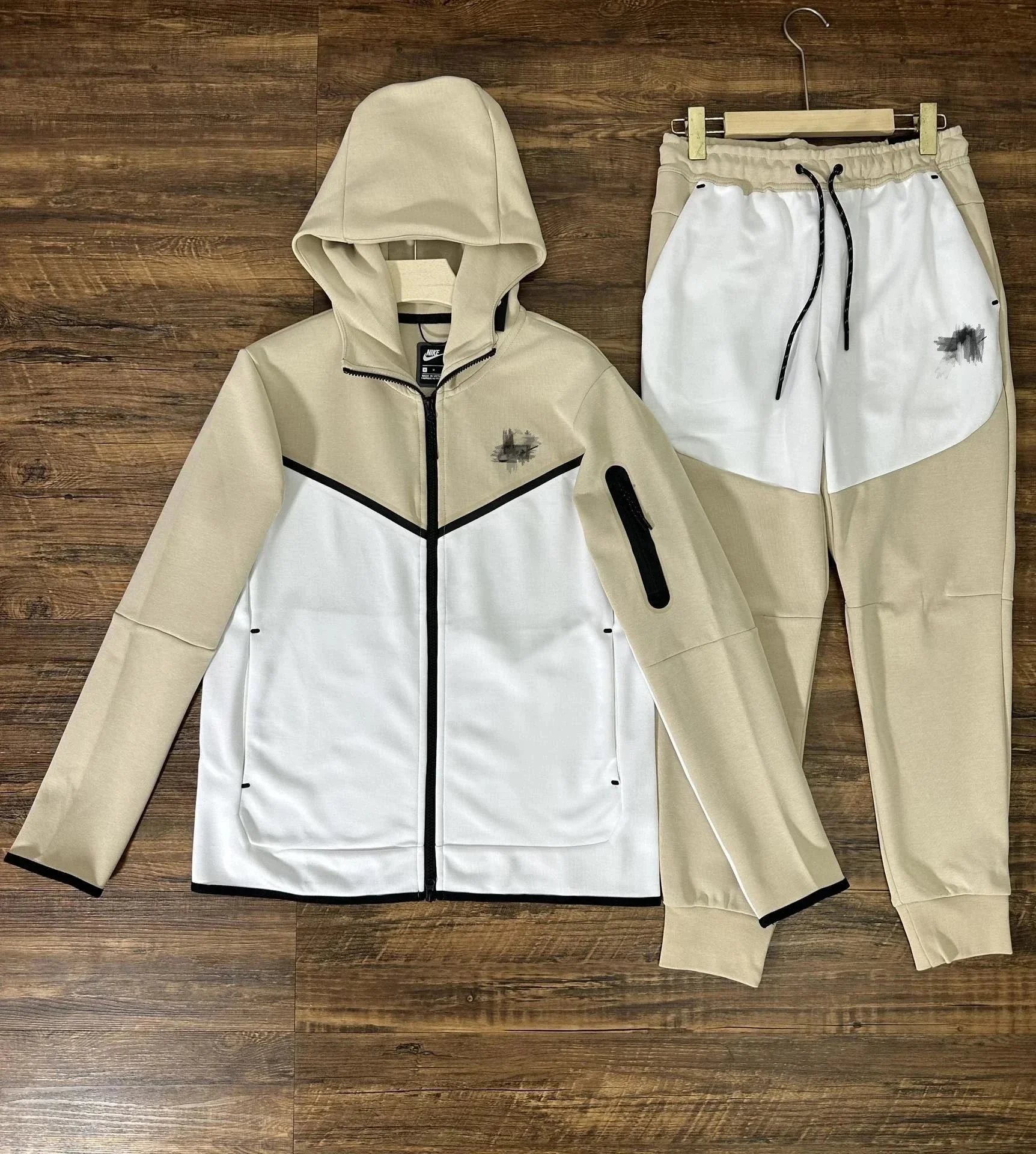 Nike Tech Fleece Sporty Tracksuit Set Beige and White