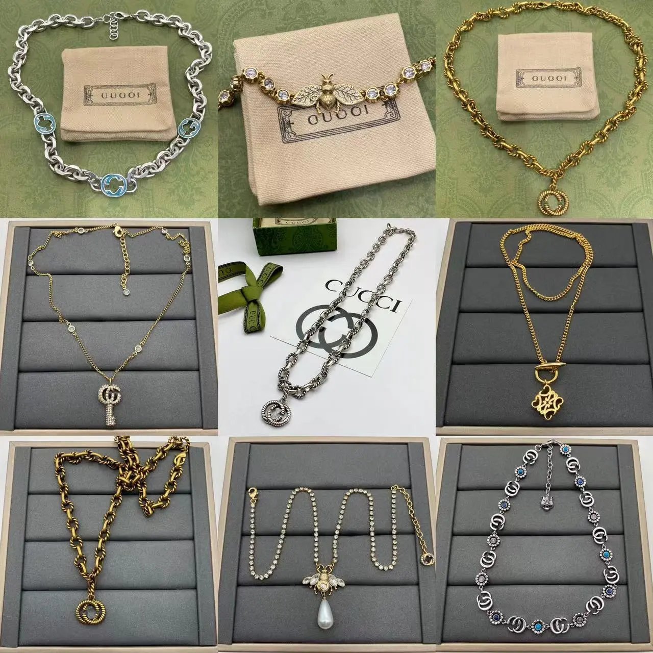 Gucci Interlocking G and Bee Elegant Necklace Collection Gold and Silver