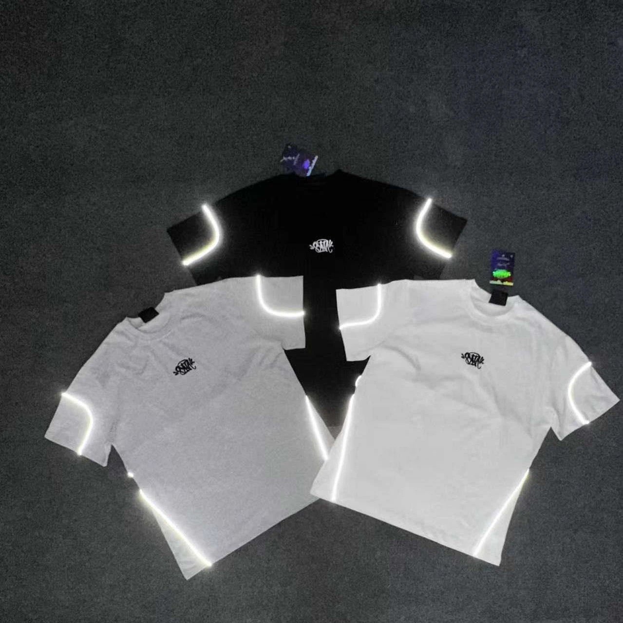 Design Reflective Piping Graphic Streetwear T-Shirt Black Gray and White