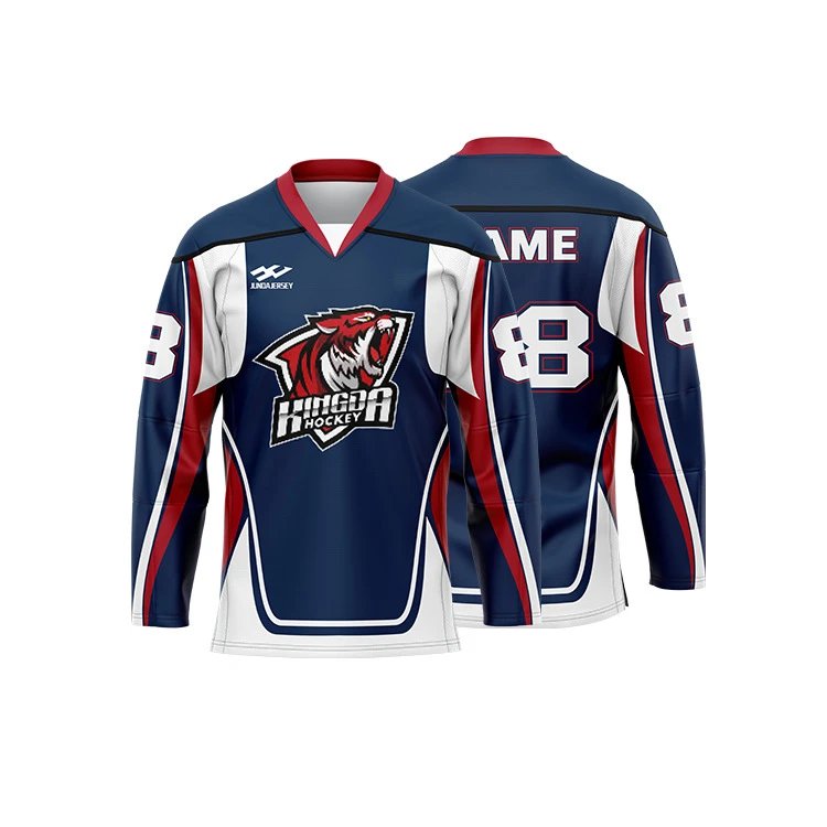 JundaJersey Custom Hockey Jersey Sporty Team Uniform Navy Blue and Red