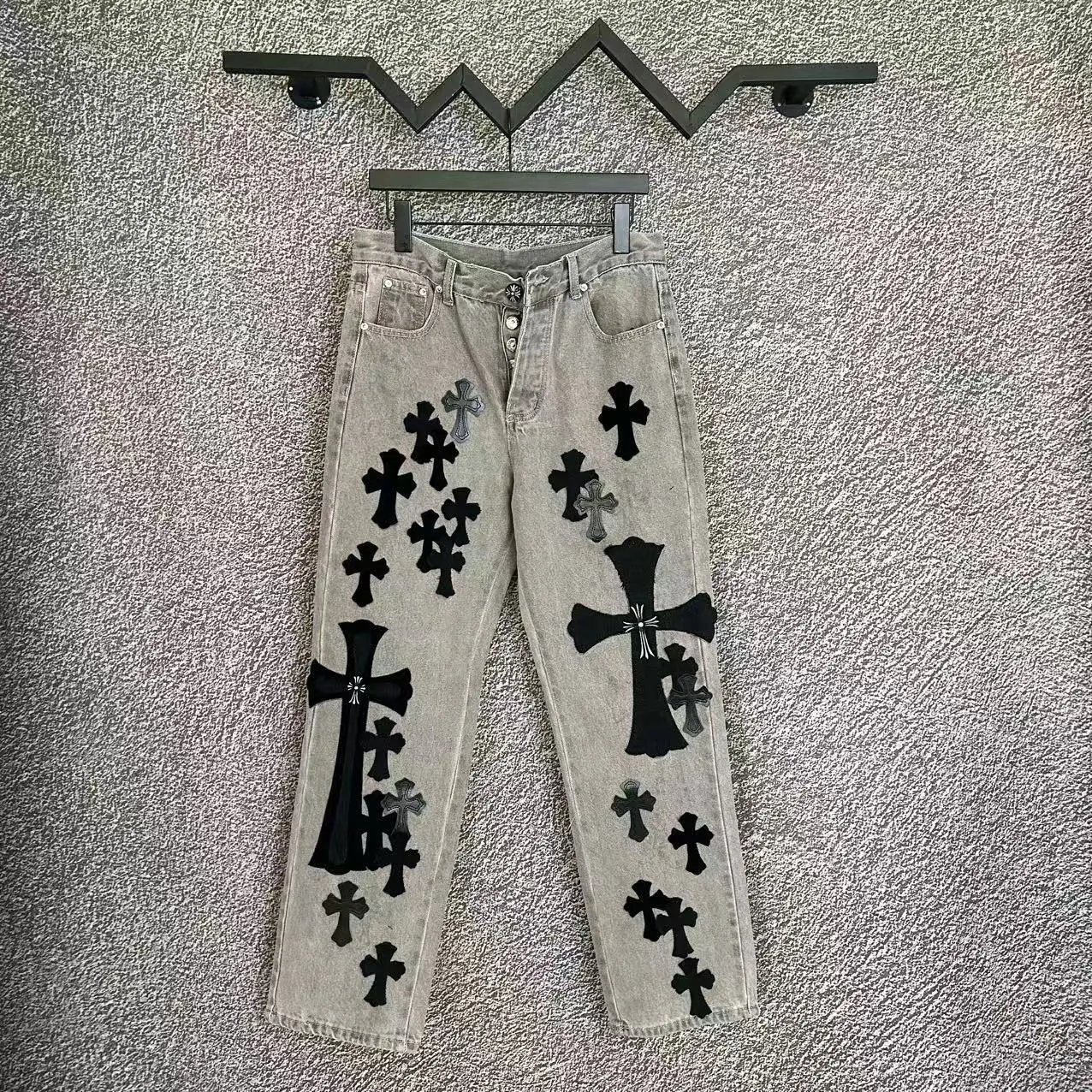 Chrome Hearts Cross Patch Denim Jeans Streetwear Pants Gray