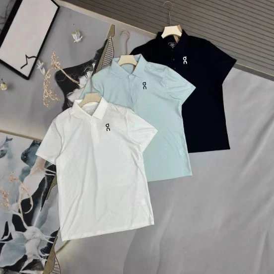 On Running On Performance Polo Shirt Breathable White Light Blue and Black