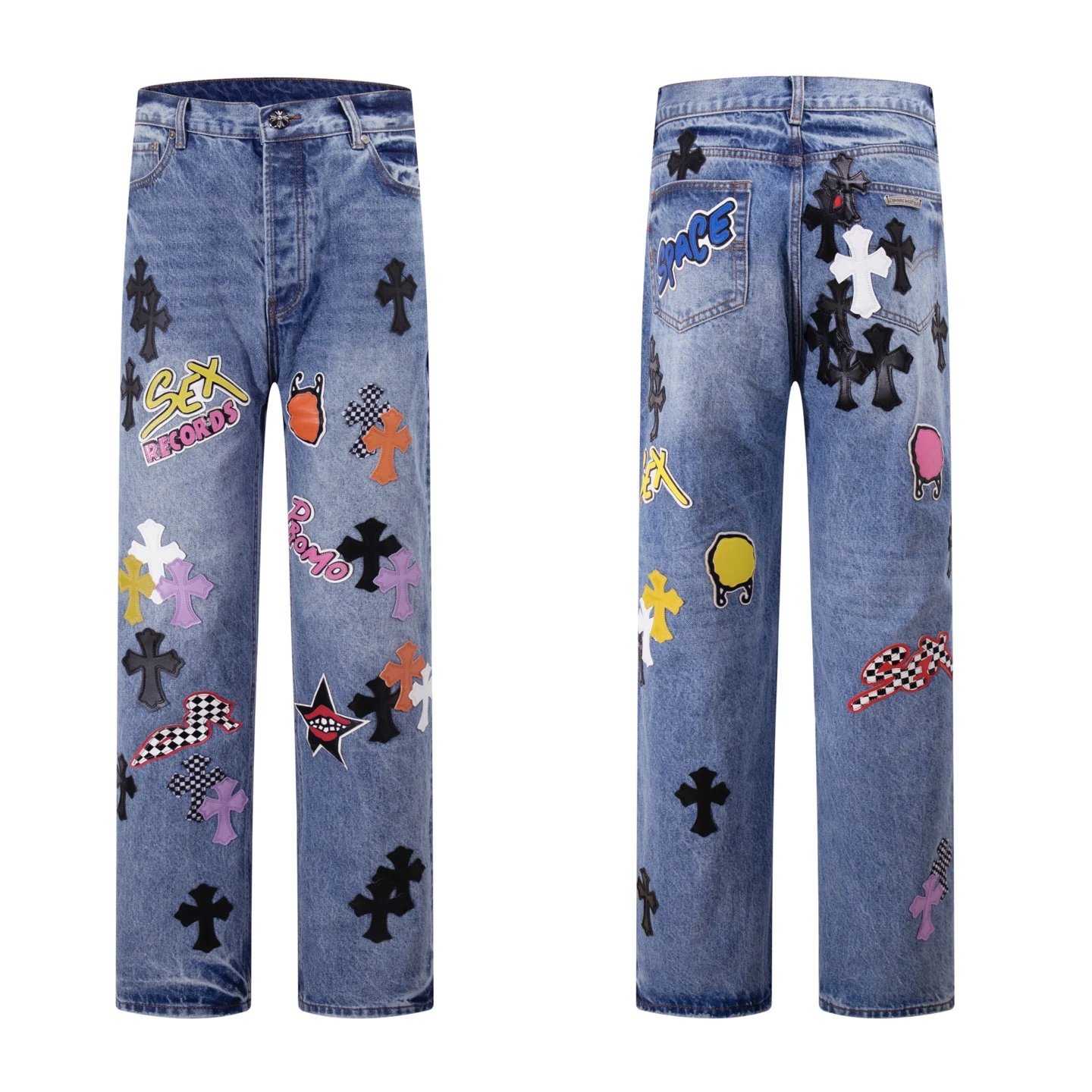 Chrome Hearts Sex Records Patchwork Denim Jeans Blue
