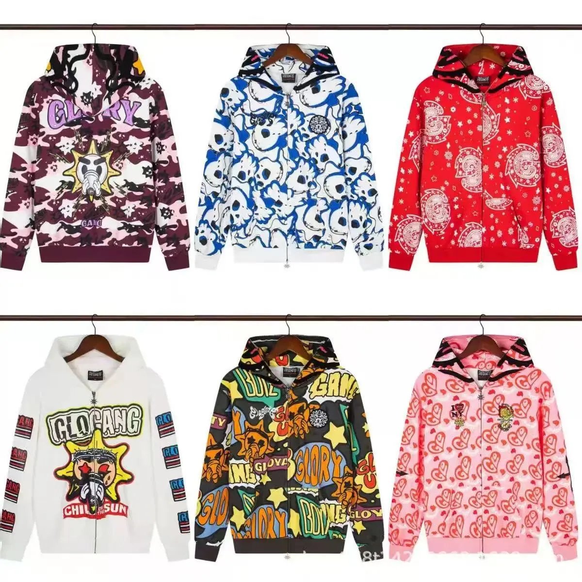 Glo Gang Graphic Print Zip-Up Hoodie Streetwear Sweatshirt Multicolor
