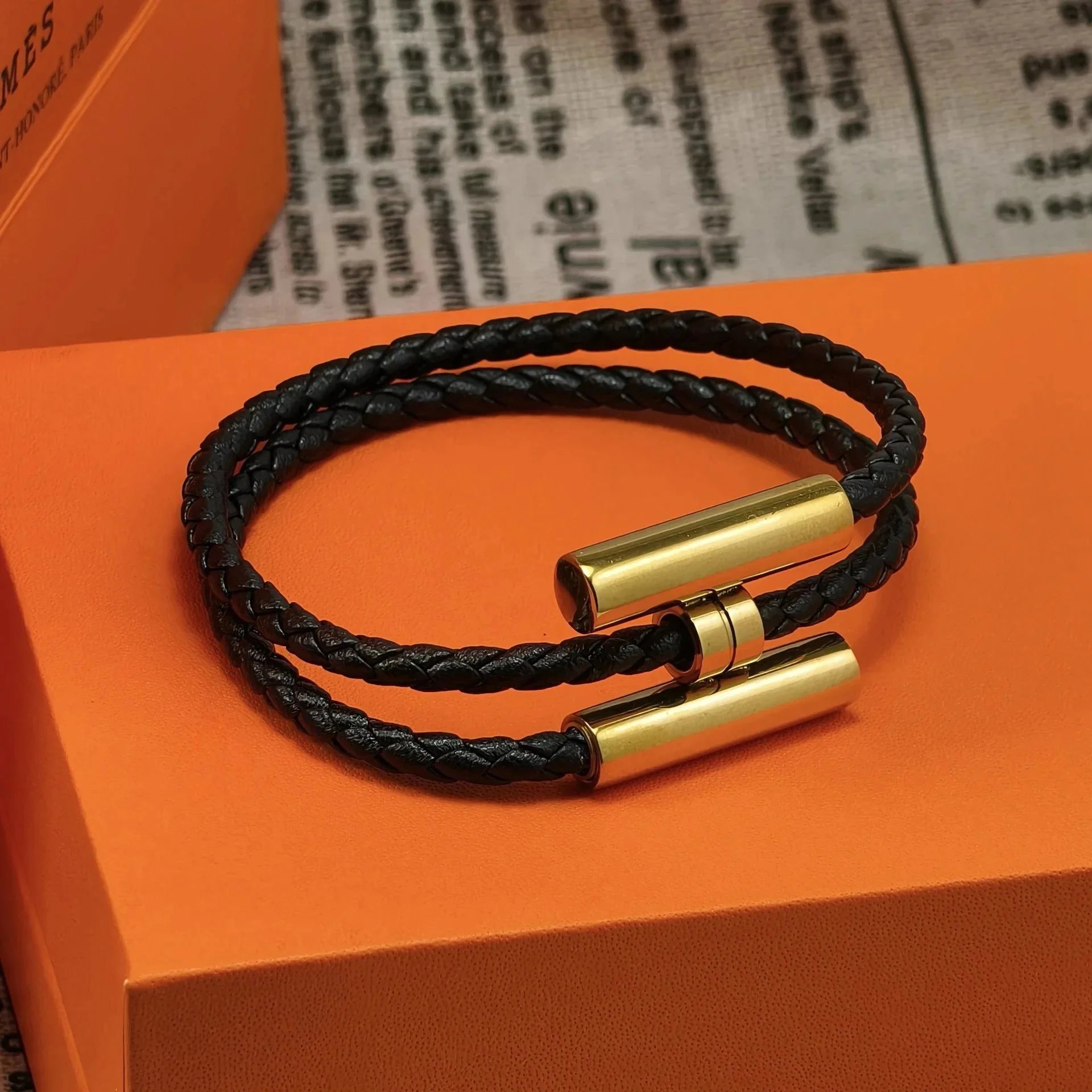 Hermes Glenan braided leather bracelet Black