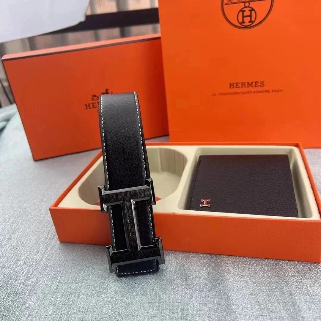 Hermes H Belt and Wallet Luxury Accessory Set Black