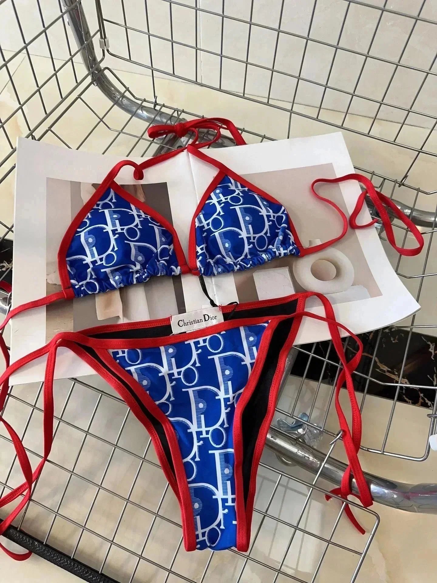 Christian Dior Oblique sexy Bikini Set Blue and Red
