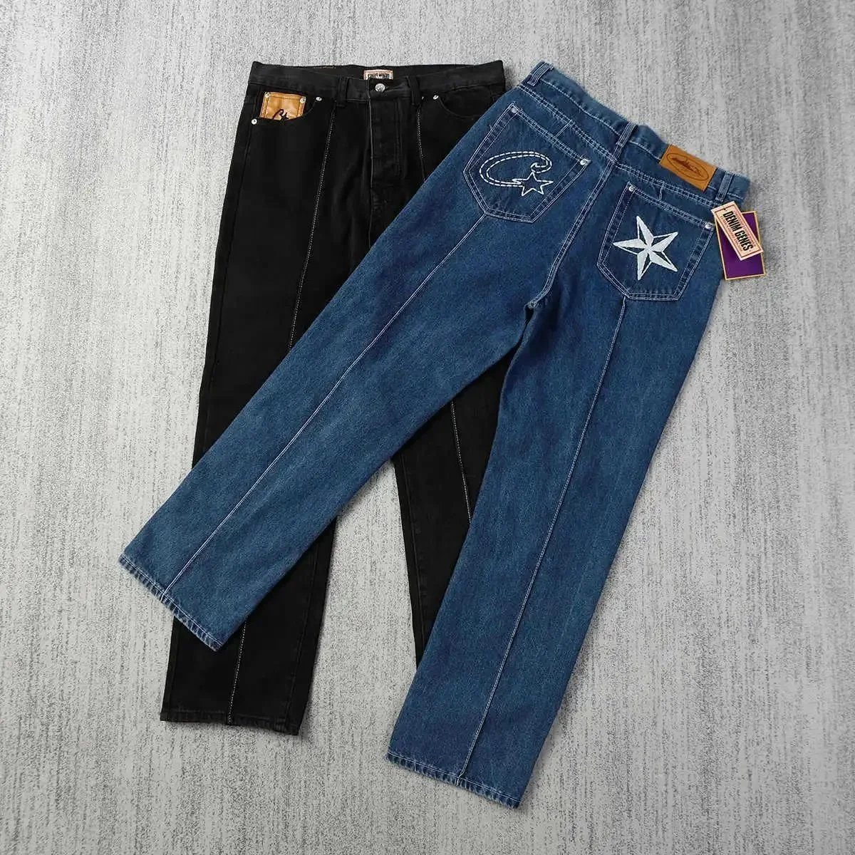 Design Star Embroidered Denim Jeans Streetwear Pants Blue and Black