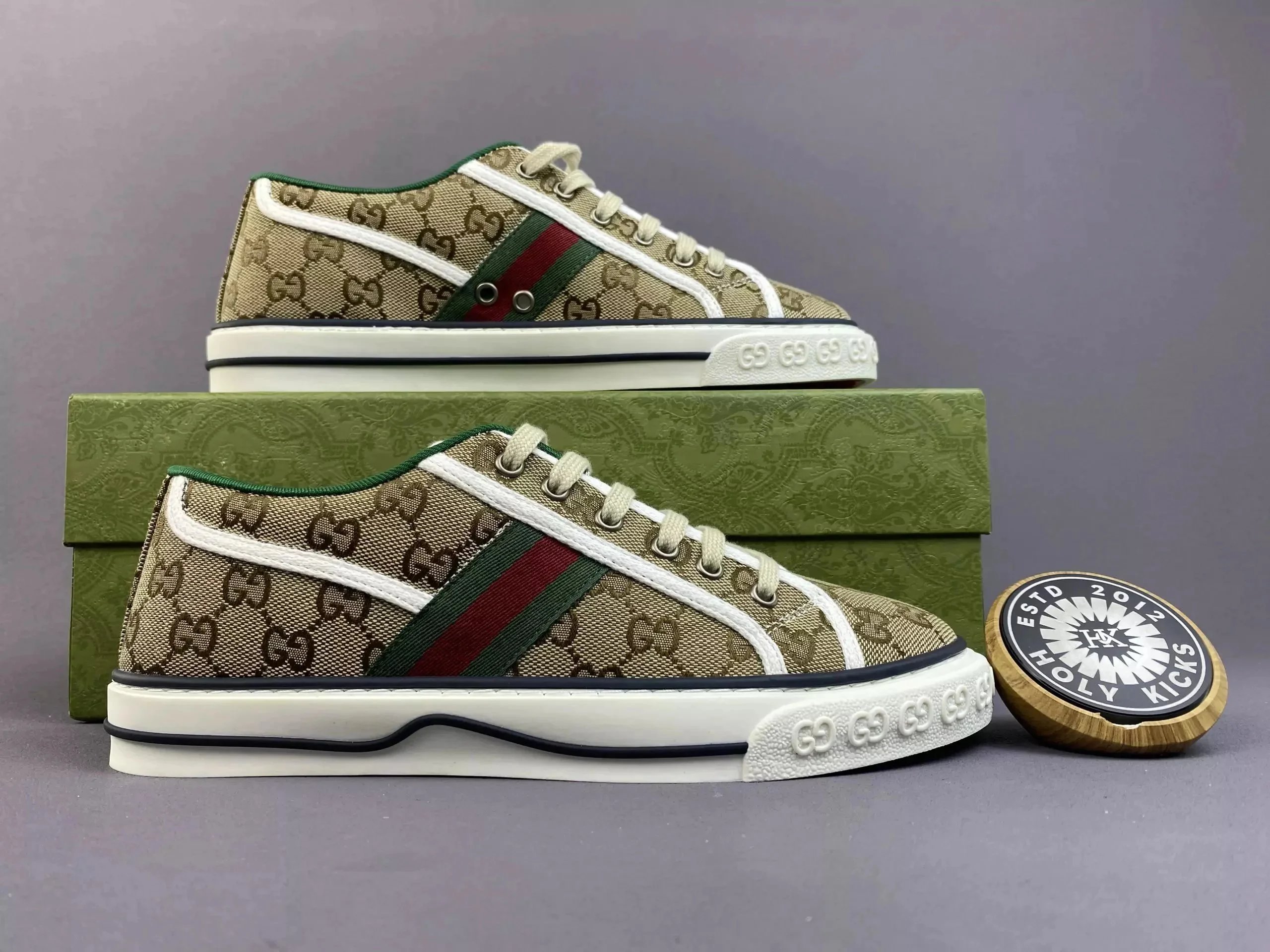 Gucci Tennis 1977 Canvas Sneakers Beige and Green