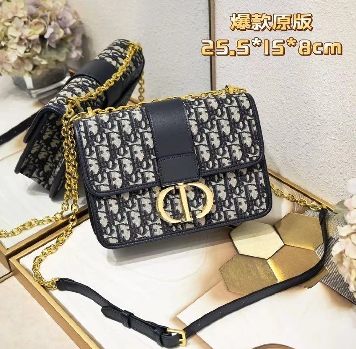 Dior Caro Canvas Shoulder Bag Blue and Beige