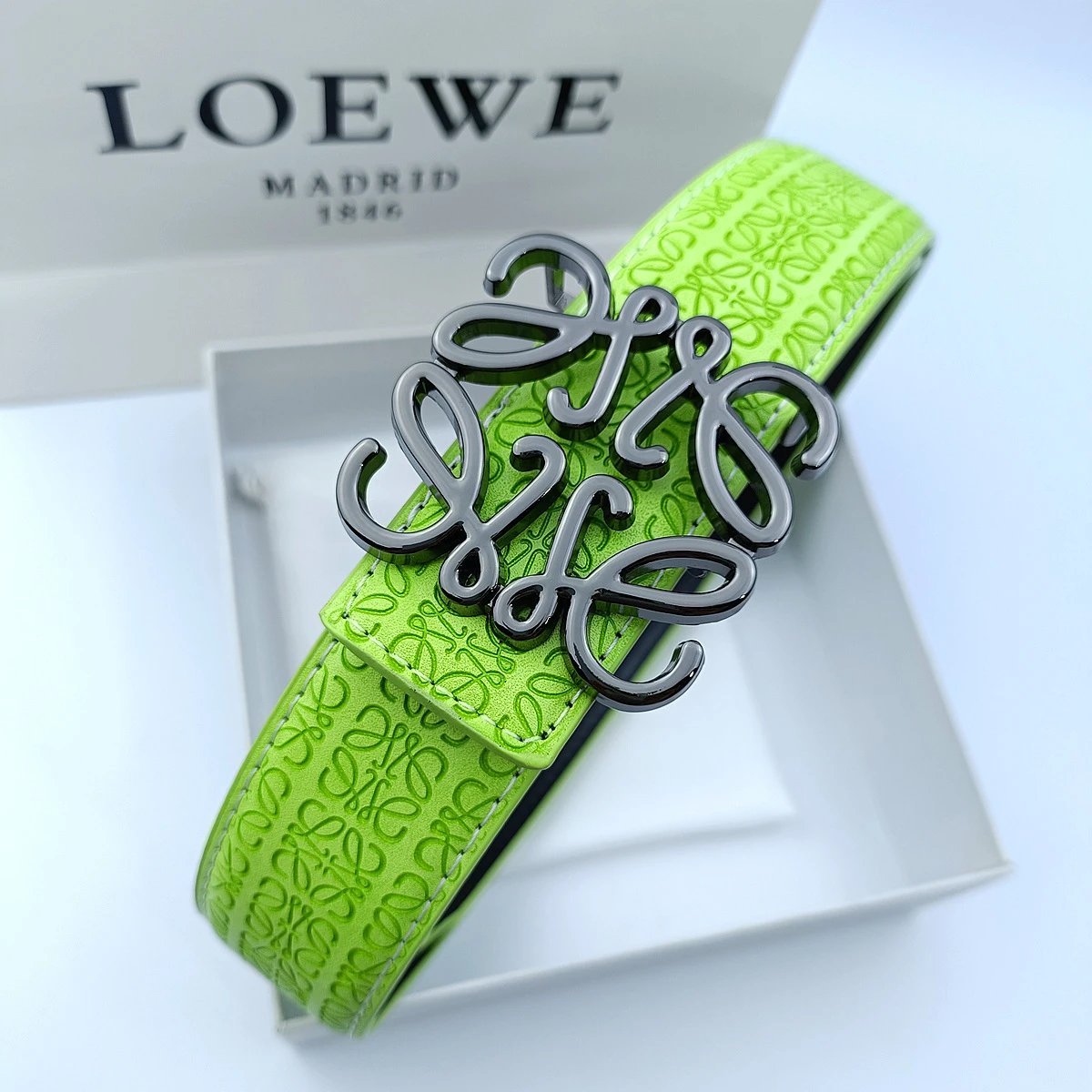Loewe Anagram Embossed Leather Belt Green
