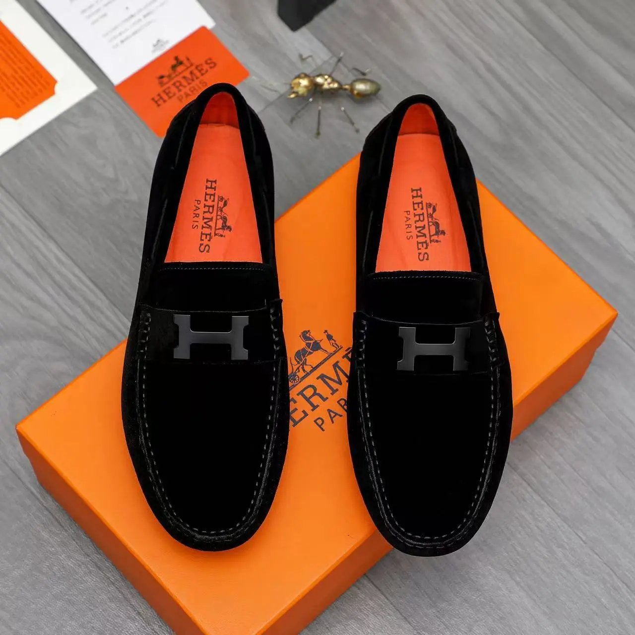 Hermes Paris Suede Loafers Black