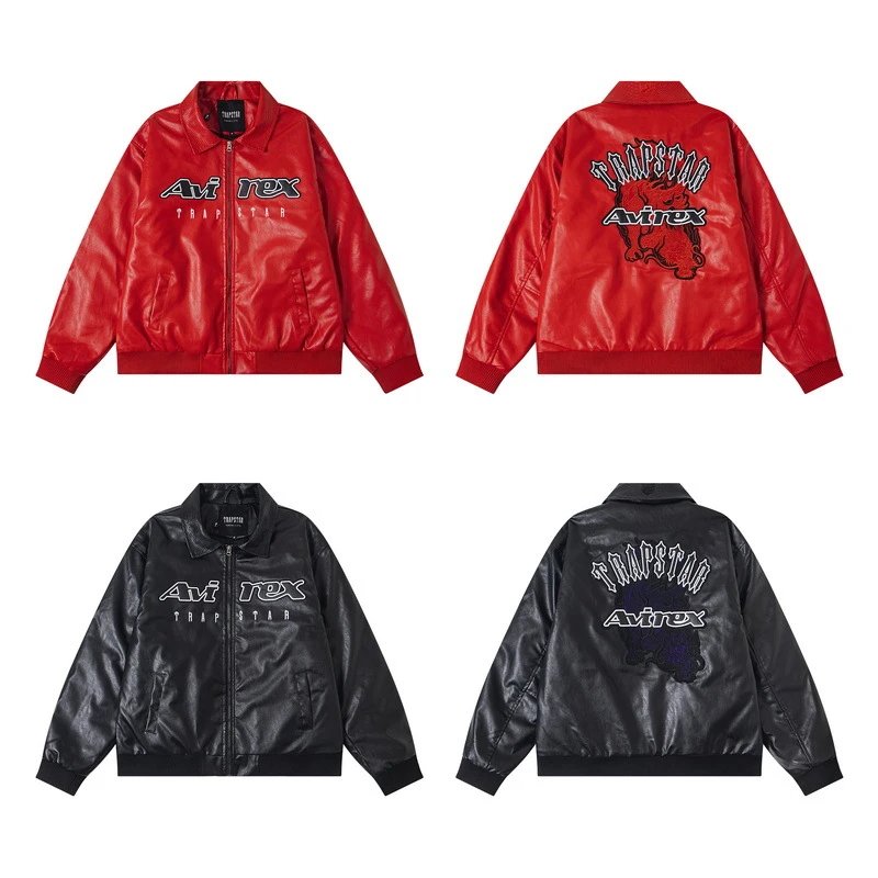 Trapstar Avirex Varsity Leather Jacket Streetwear Bomber Jacket Red and Black