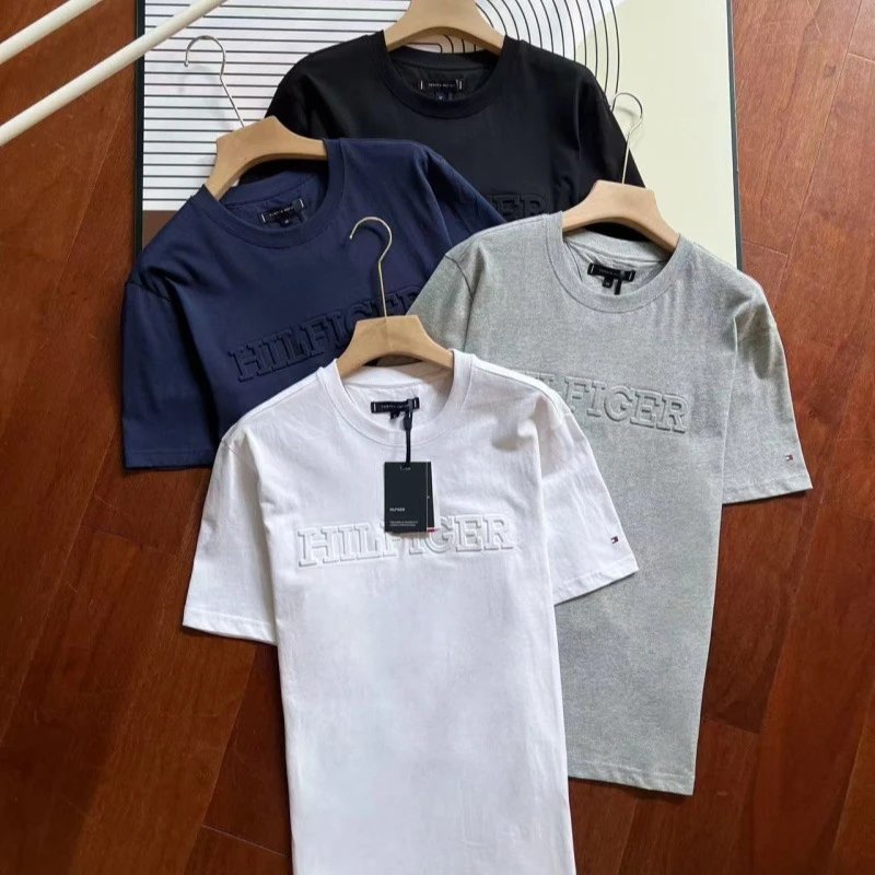 Tommy Hilfiger TH Embossed Logo Cotton T-Shirt White Black Navy Gray