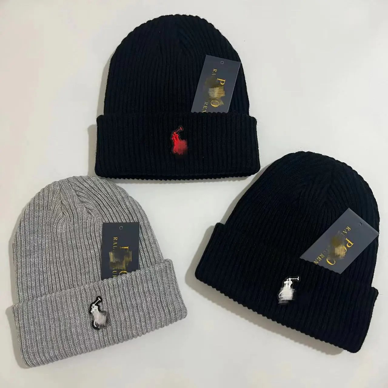 Ralph Lauren RL Ribbed Knit Beanie Hat Black and Gray