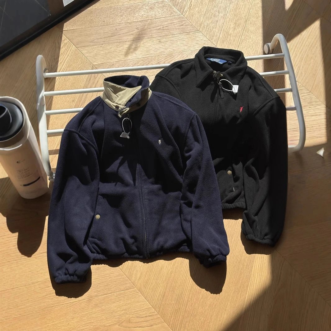 Ralph Lauren RL Fleece Zip-Up Jacket Casual Outerwear Navy and Black