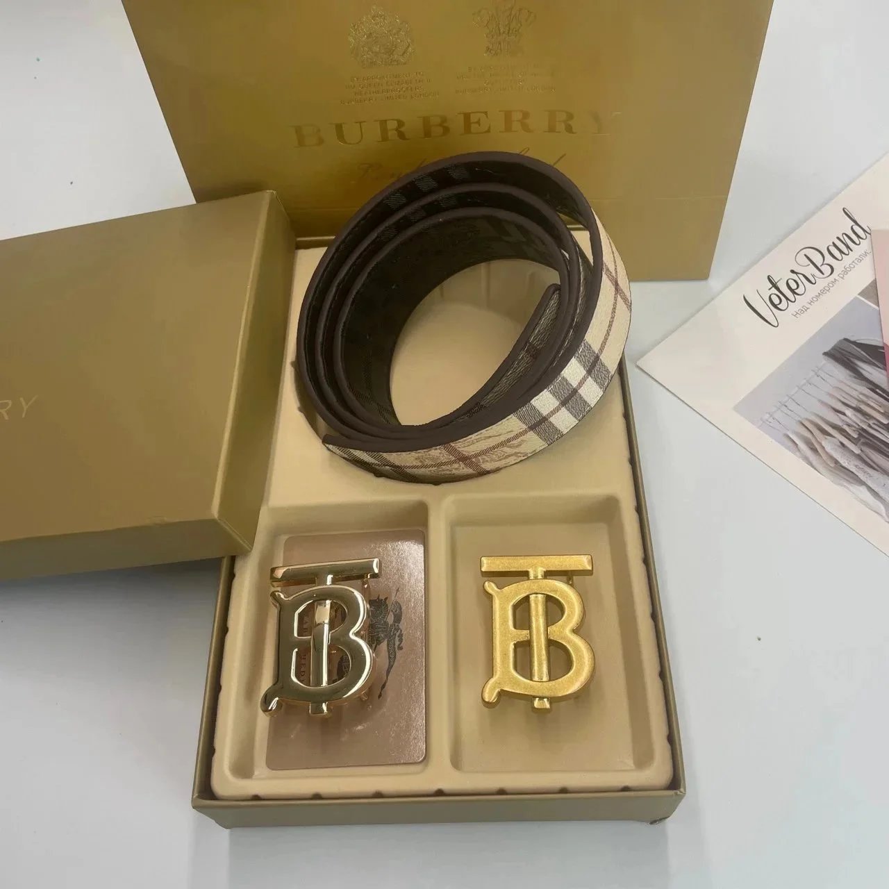 Burberry TB Monogram Reversible Belt Classic Accessories Beige