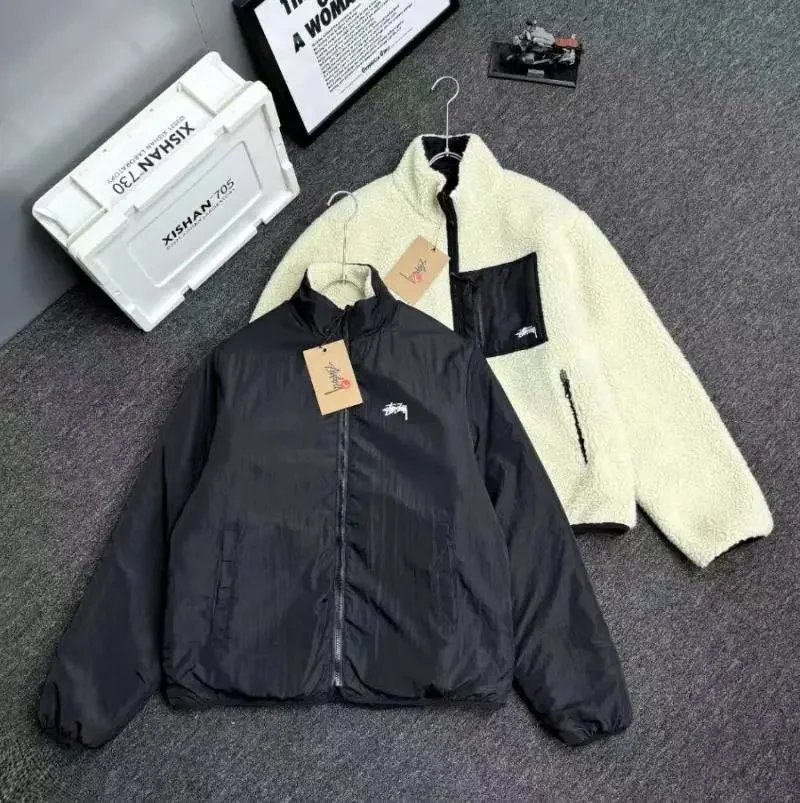 Stussy Reversible Sherpa Jacket Casual Fleece Black and Beige