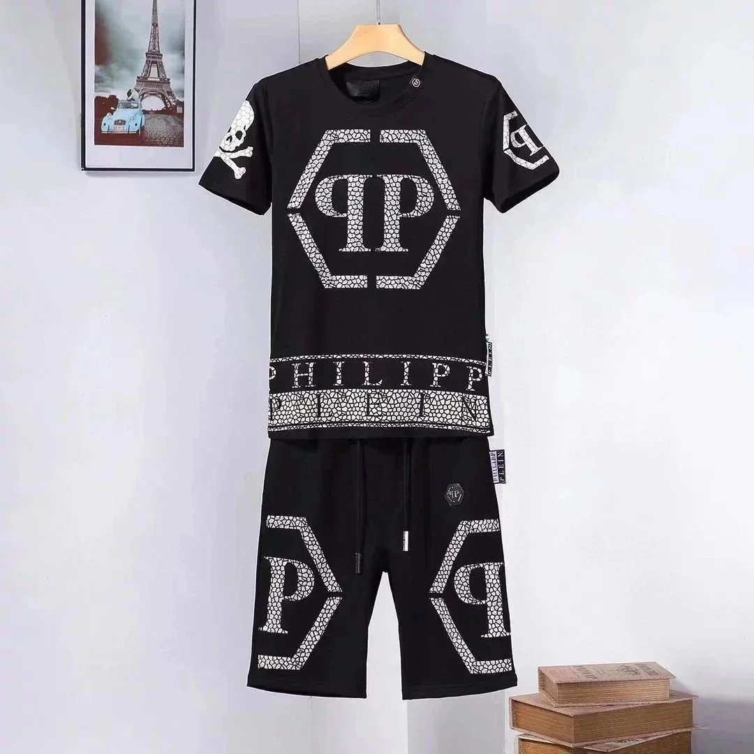 Philipp Plein Hexagon Skull Graphic Streetwear Matching Set Black