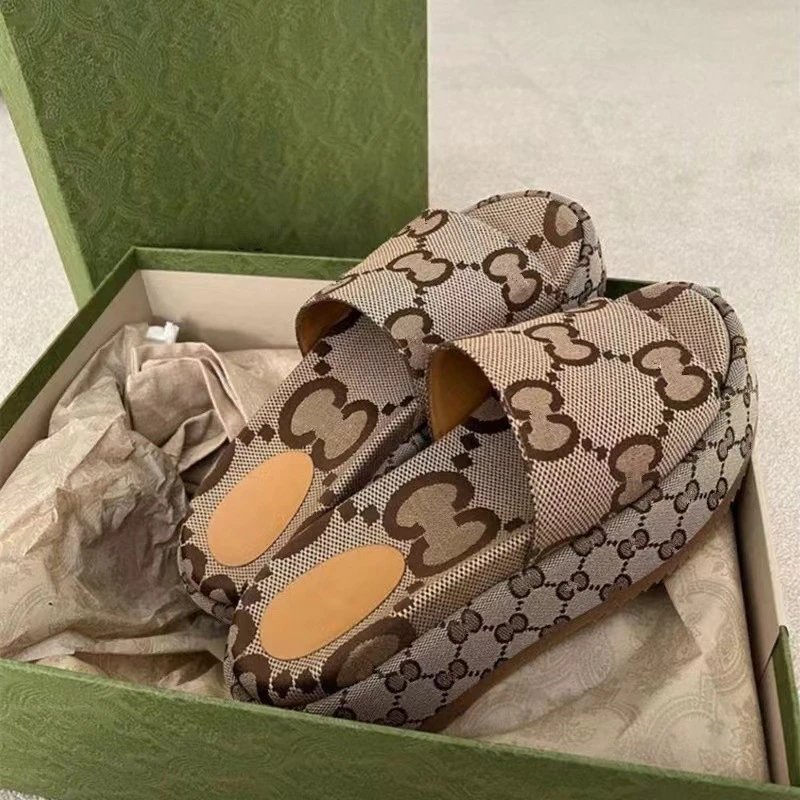 Gucci GG Supreme Platform Slides Chunky Sandals Beige and Brown
