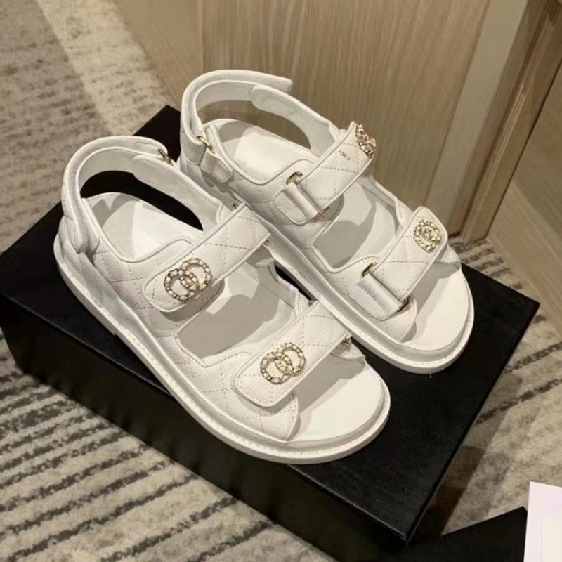 Chanel Quilted Sandals Chunky Leather Sandals White