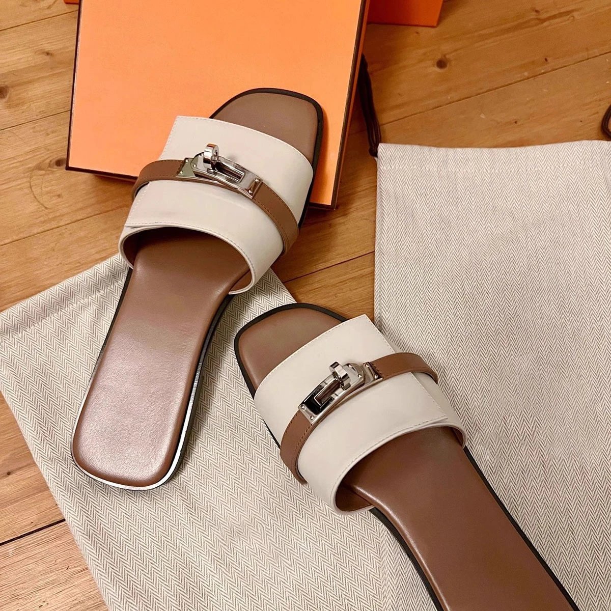 Hermes Oz Mule Casual Slides White and Brown