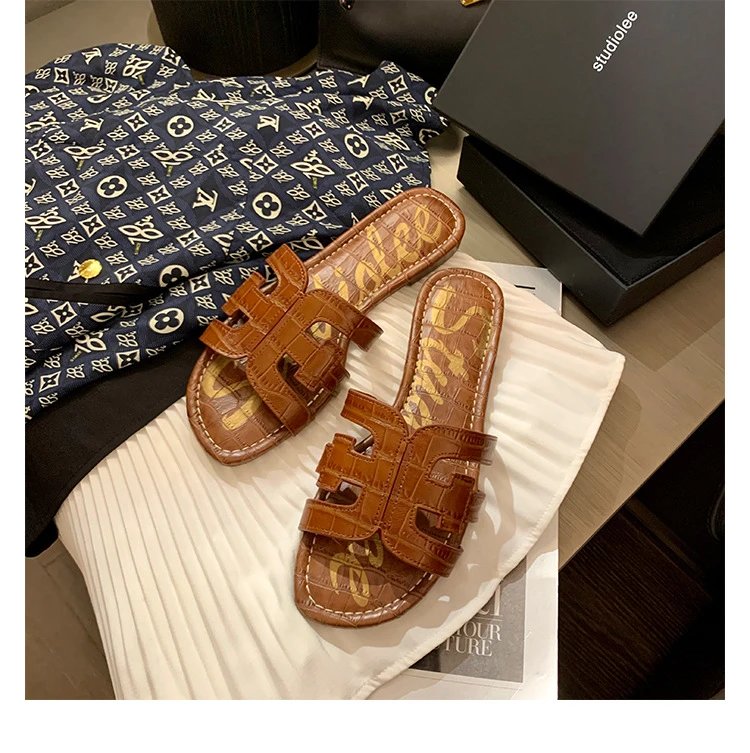 Sam Edelman Bay Croc-Embossed Leather Slides Brown