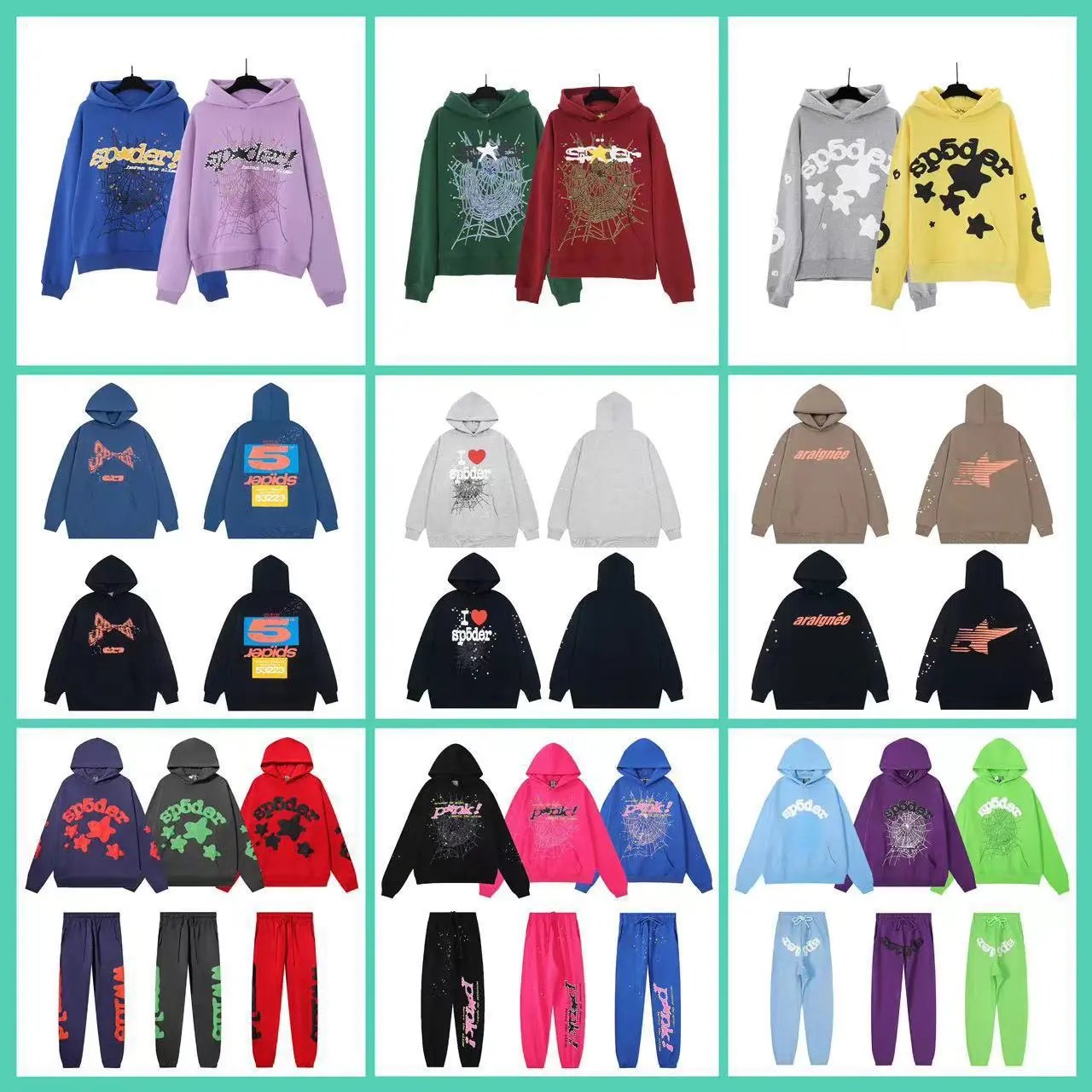 Sp5der Graphic Print Streetwear Hoodie and Sweatpants Set Multicolor